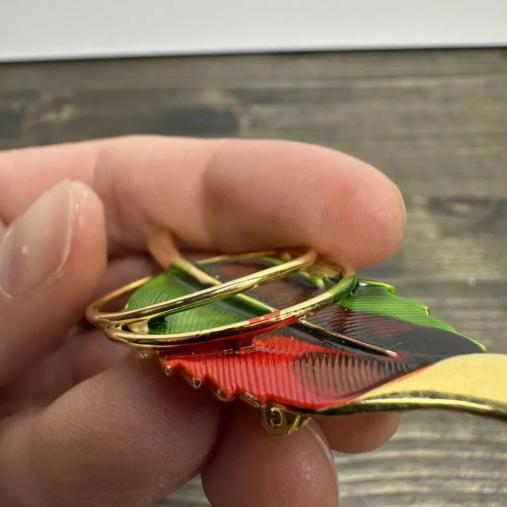 Vintage Gold‎ Tone Leaf Brooch Pin Painted Red and Green Wire Rings Estate